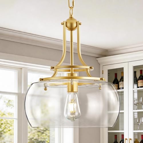 Image of KARTOOSH Gold Chandelier Kitchen Pendant Lighting Over Island | Rustic Farmhouse LED Ceiling Pendant Light with Clear Glass Shade Shade for Kitchen Island Dining Room Foyer Entryway