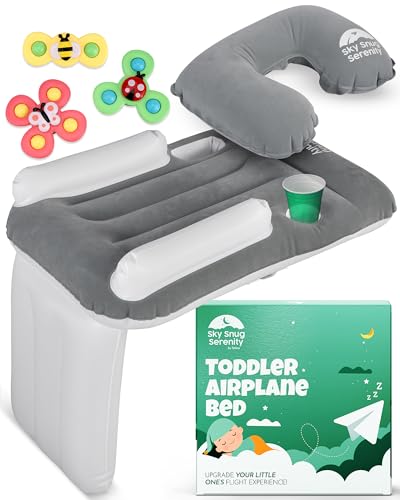 Image of Toddler Airplane Bed - Inflatable Airplane Bed for Kids - Fits All Seats, with Cup Holder - Comfortable and Durable - Easy to Inflate Deflate and Clean (Matress + Pillow + Bug Spinners, 1, Count)