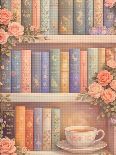 5D Vintage Book Flower Diamond Painting Kits for Adults Beginner, Bookshelf Diamond Art Kits for Adults, Full Drill Round Gem Art Paint by Diamonds Dots Crafts Kits for Home Wall Decor 12x16inch