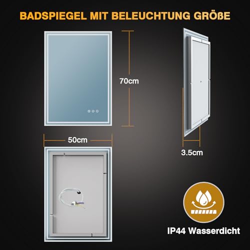 PESENXAN Badspiegel mit Beleuchtung 50x70cm, Spiegel Bad mit Beleuchtung 3 Lichtfarben, Dimmbar, Anti-Beschlag, Bad Spiegel mit Licht… – Ansicht 6