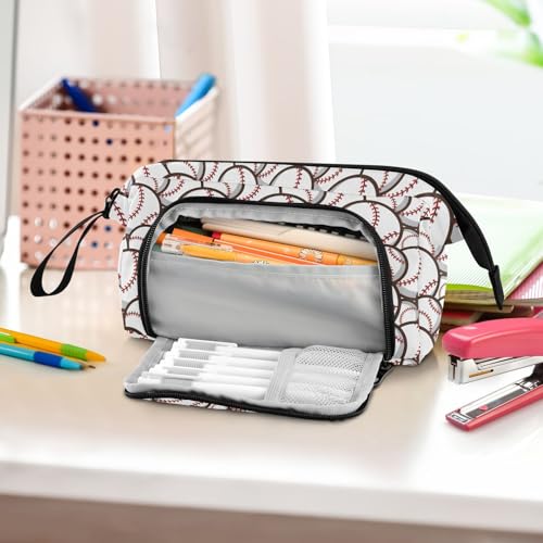 Image of Ball Baseball White Print Pencil Case Pouch Big Capacity Pencil Bag Box Organizer Pen Case with Compartmens Stationery Organizer for Girls Boys Women School College Office