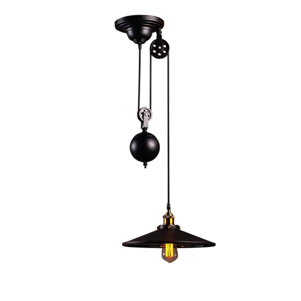 Lámpara Colgante Negro Vintage Industrial Lámpara Colgante de Polea Se Puede Subir y Bajar Vidrio y Lámpara Colgante de Hierro Forjado E27 Edison Iluminación Araña Arte Interior Lámpara de Comedor`