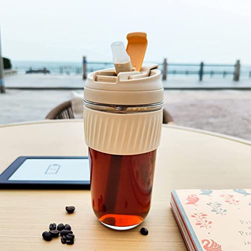 Image of Kamvy Reusable Glass Tumbler with Airtight Lid and Straw Pack of 1, 400ml Travel Coffee Sipper Mug for Juice Cocktail Iced Tea Smoothie Hot Cold Drink Cup Home & Office (Shaker)