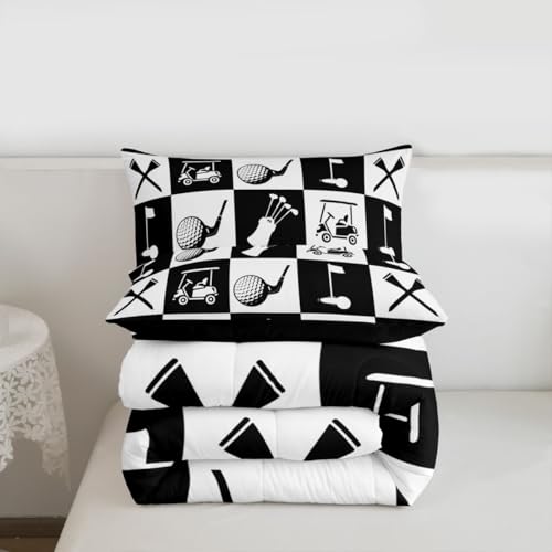 Image of Feelyou Golf Comforter Set Toddler Size Black White Plaid Buffalo Check Geometric Bedding Set for Kids Boys Girls Sports Theme Duvet Quilt Bedroom Decor Microfiber 2 Pcs with 1 Pillow Cases