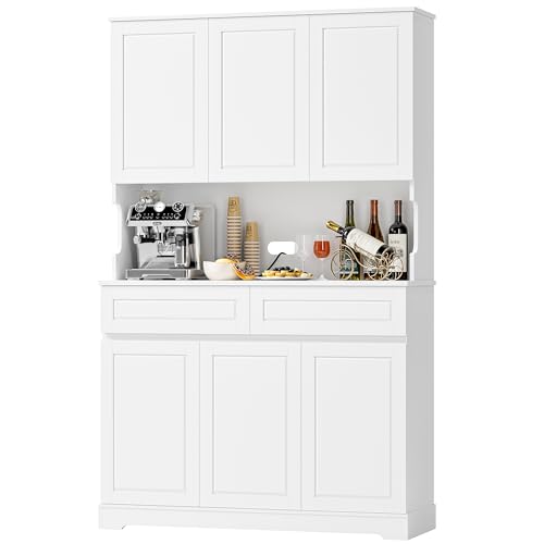 Image of FACBOTALL 74 inch Pantry Cabinet, Tall Kitchen Pantry Cabinet with 6 Doors and 2 Drawers, Kitchen Hutch with Wide Countertop, Modern Kitchens Cupboard with Adjustable Shelves and Charge Holes, White