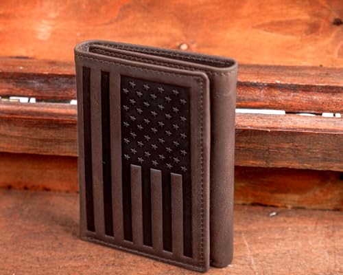 Image of DK86 US Flag Trifold Wallets for Men American Flag Wallet Full Grain Leather Tri-Fold Wallet RFID Blocking (vintage coffee with us flag)