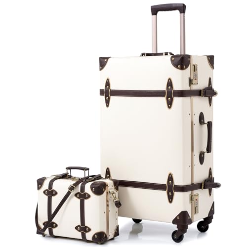 Urecity - Maleta con ruedas, estilo vintage, ligera, retro, rígida, 2 piezas, con maleta pequeña de 30,5 cm, blanco, S(12')+M(20'), Vintage