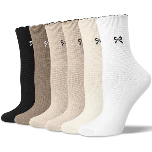 scenicamp 6 Pairs Women's Ruffle Socks Casual Cotton Cute Crew Socks for Women Girl Daily Wear Bow Black White Khaki Light Brown