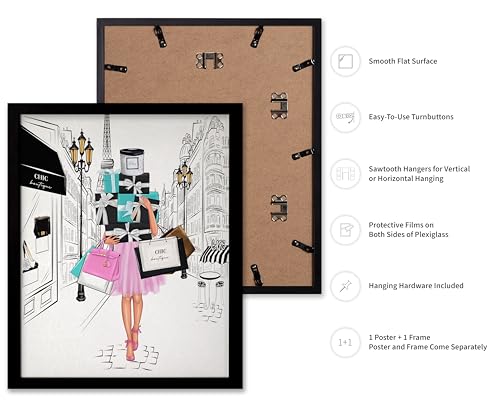 Image of Poster Master Fashion Poster - Lady with Shopping Bags Print - Trendy Art - Modern Art - Gift for Her & Fashionista - Luxury Haute Couture Decor for Bedroom or Girl's Room, 8x10 Black Framed