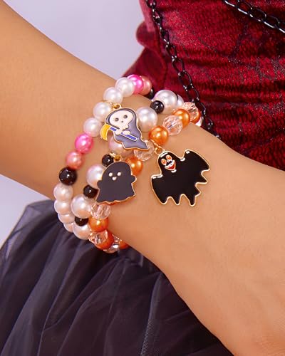 Halloween Bracelets for Women Spooky Ghost Black Bat Charm Bracelets Stackable Black and Orange Beaded Brace-lets Halloween Costume Jewelry Accessories for Cosplay2