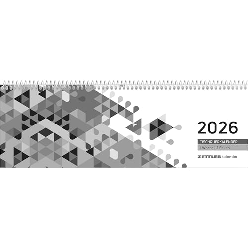 Zettler Tischquerkalender Schwarz 2026 – Bürokalender 30x10 cm, Wochenkalender mit 1 Woche auf 2 Seiten, 3-sprachigem Kalendarium, Spiralbindung & Stundeneinteilung 7–19 Uhr