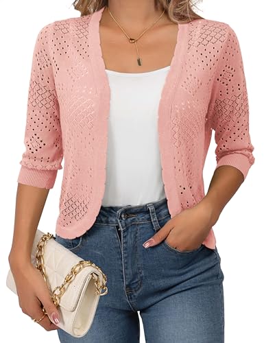 Image of REDHOTYPE Women's 3 /4 Sleeve Cardigan Open Front Cropped Shrugs Summer Hollowed Lightweight Cardigans Sweater (S-XL)