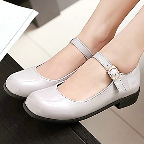 MAVMAX Women's Mary Jane Ankle Strap Flat Patent Leather Lolita Pumps (Grey, 8)4