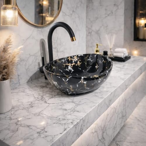 Image of Ceramic Tabletop Wash Basin - Glossy Bowl Shape Countertop Vessel Sink with Marble Finish for Bathroom & Vanity | Compact 16 x 13 x 5 Inch | Elegant Washbasin