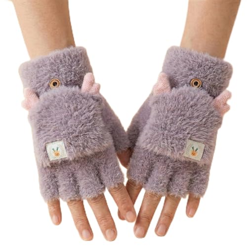 Image of Kraptick Women's Cute Reindeer Plush Convertible Fingerless Gloves - Winter Warm Fluffy Flip-Top Mittens - Korean Style Soft Hand Warmers for Girls & Ladies (Free Size, White)-3