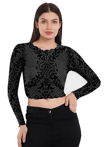 Image of ICW Women Long-Sleeves Round Neck Net Printed Transparent Mesh Sheer Crop Top T-Shirt DN38(Mix Print)