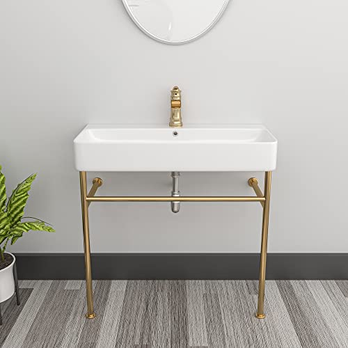 Console Sink - Sarlai 35 Inch Console Sink White Ceramic Bathroom Vanity Sink Basin With Gold Steel Pedestal Leg #TOP2