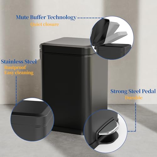 Image of Ruacq Small Bathroom Trash Can with Lid Soft Close,Step Pedal, 1.6 Gallon /6 Liter Bathroom Garbage can with Removable Inner Bucket,Stainless Steel Trash Bin,Anti-Fingerprint Finish (Matt Black)