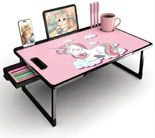 Image of Wood Multipurpose Foldable Laptop Table with Cup Holder | Table Home Study Writing Table, Foldable and Portable /Ergonomic Edges Kids & Adults (TUL-PINK-UNICORN-KUM)