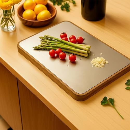 Image of Btop Stainless Steel Chopping Board, Corrosion Resistant, Waterproof, Rust-Proof, Professional Kitchen Equipment (Steel & Wood Dualside Medium Size Chopping Board)
