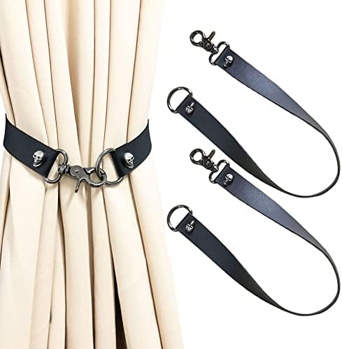 Leather Curtain Tiebacks, PU Leather Curtain Rod Holder Window Treatment Holdbacks, Skull Drapery Tie Backs Buckle Modern Vintage Decorative Window Curtains 2 Pack