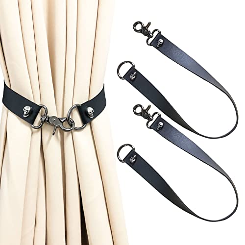 Leather Curtain Tiebacks, Pu Leather Curtain Rod Holder Window Treatment Holdbacks, Skull Drapery Tie Backs Buckle Modern Vintage Decorative Window Curtains 2 Pack #TOP8
