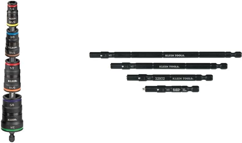 Klein 9-in-1 Impact Flip Socket Set with Bit Holder, 8 Hex Sizes from 1/4 to 3/4-Inch, plus Flip Socket Replacement Hex Shafts, 4-Pack with 2 to 6-1/2-Inch Lengths