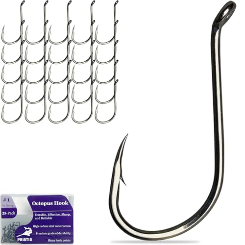 Pristis 25 Pack #1 Octopus Fish Hooks, Reinforced High Carbon Steel Offset