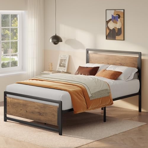 Bealife Plattformbett 120 x 200 cm, Metallrahmenbett 35 cm hoch, Bett mit Holz- und Metallrahmenunterstützung, geräuscharm, robust (Retro,...