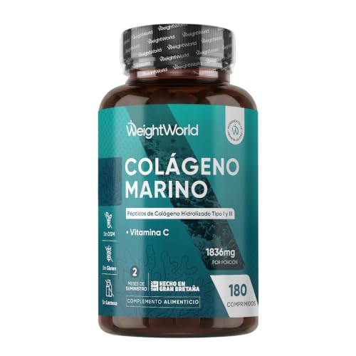 Colágeno Marino Hidrolizado con Vitamina C 1836mg - 180 Comprimidos | Péptidos de Colágeno Marino Tipo 1 y 3 con Ácido Ascórbico para 2 Meses de Suministro