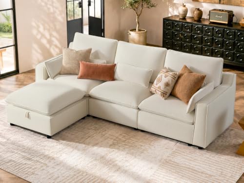 Image of WorthFurni Modern Modular Sectional Sofa,103 inch L Shape Minimalist Couch with Storage Ottoman,Comfty 4 Seat Sofa for Living Room,Beige Chenille