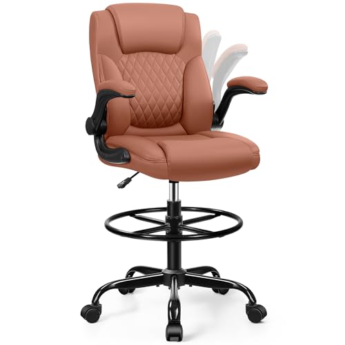 Image of Drafting Chair, Tall Office Chair for Standing Desk, High Executive Leather Ergonomic Computer Chair with Adjustable Height and Flip-Up Armrest for Counter Height Desk, Brown, Pack of 1