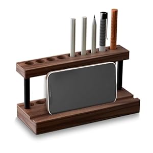 Pencil & Pen Holder for Desk, Solid Walnut Pen Display Stand with 9 Slots and Cell Phone Holder, Aesthetic Pen Organizer for Minimalist Office Desk Decor