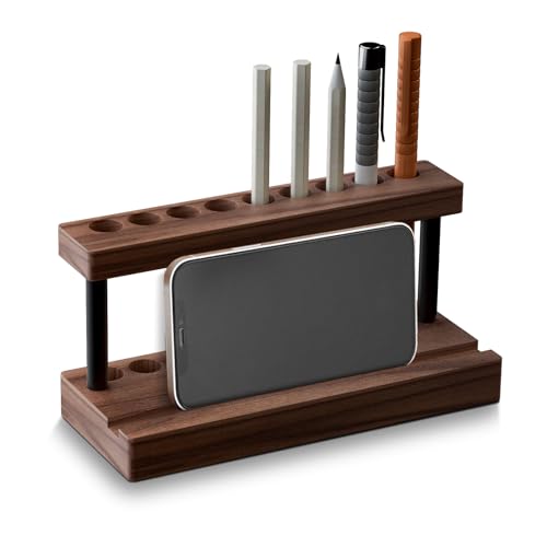 Pencil & Pen Holder for Desk, Solid Walnut Pen Display Stand with 9 Slots and Cell Phone Holder, Aesthetic Pen Organizer for Minimalist Office Desk Decor