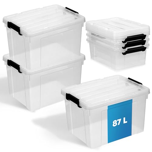 Schmacht® 3-er Set Aufbewahrungsboxen mit Deckel I BPA Frei I Mit oder Ohne Tragegriff | Aufbewahrungsbehälter mit verstärkter Bodenstruktur (Ohne Tragegriff - Transparent, 87l)