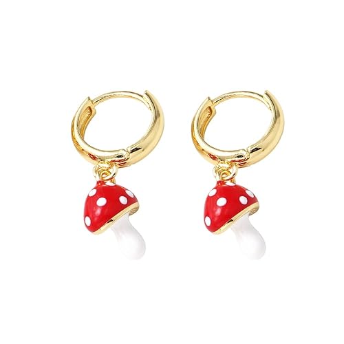 3D Mushroom Small Hoop Dangle Drop Earrings for Women Minimalist Funny 18K Gold Plated Red Enamel Charm Dangling Huggie Hoops Hypoallergenic Jewelry for Party Holiday - Small