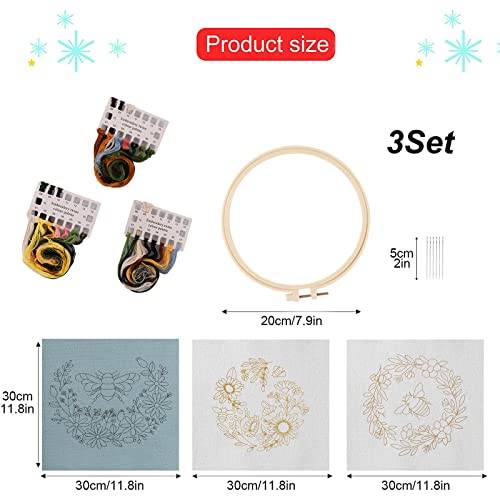Lukinbox Embroidery Starter Kit For Beginners, 3 Sets Cross Stitch Kits For Adults, Include Embroidery Clothes With Cute Bees And Flowers Patterns, Embroidery Hoop, Threads, Needles And Instruction #TOP2