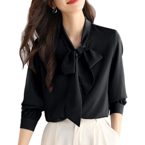 Inzegao Camisa con botones para mujer, blusa de manga larga con lazo para la oficina y el trabajo, Negro -, M
