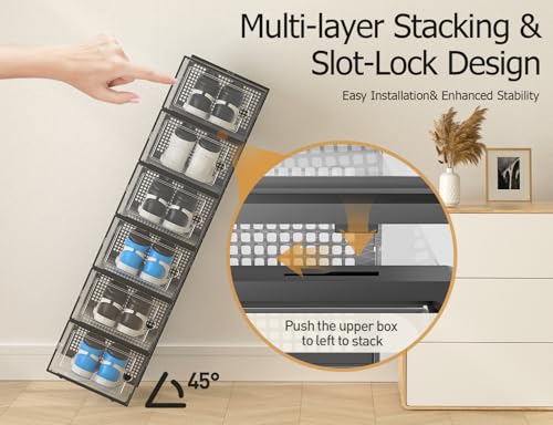 Image of Kuject XX-Large Shoe Storage Boxes Organizers Clear Plastic Stackable 12 Pack, Shoe Rack & Holder Substitute, Sneaker Containers, Shoe Storage Organizer Bins for Closet, Under Bed, Black(No Fold Line)