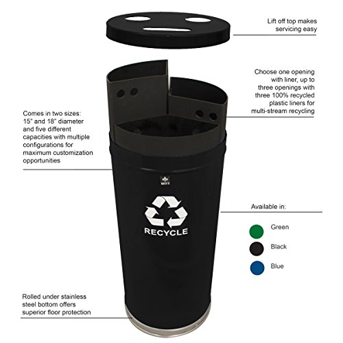 Witt Industries 18RTBK Steel 33-Gallon 3 Opening Recycling Container with 3 Plastic Liners, Legend "Recycle", Round, 18" Diameter x 33" Height, Black - Thumbnail 2