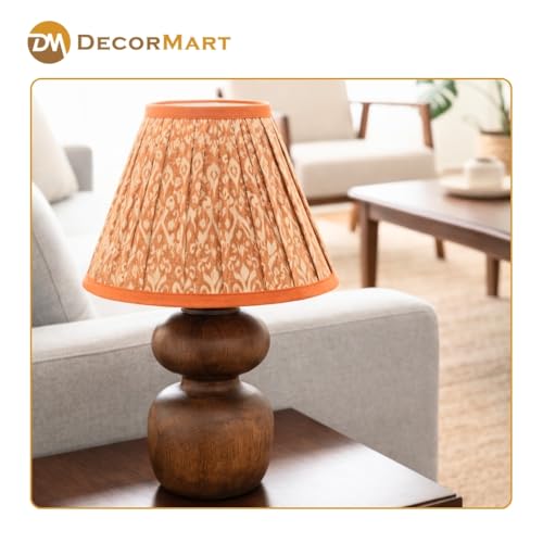 Image of The Decor Mart Printed Shade Table Lamp with Wooden Base|Sleek Decor Decorative Beside Light for Desk,Bedroom, Living Room, Home Office and Hotel(20x20x30 cm) (Orange)