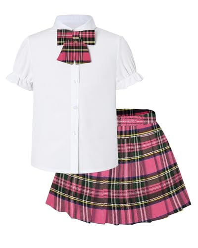 Image of Betusline Girls Skirt Set JK School Uniform 2-Piece Outfit - Short Sleeve Shirt with Bow & Pleated Skirt 4T-14Y