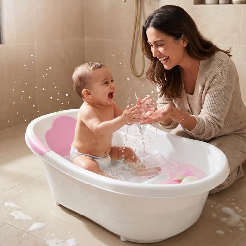 Image of Baybee Comfort Baby Bath Tub for 0 to 5 Years | Baby Bather & Bathtub with Anti-Slip Base & Quick Drains | Bath Tub for Kids with Soft Headrest & Compact Storage for Boys & Girls (Pink)
