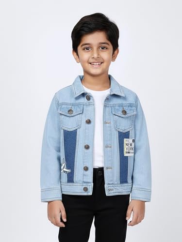 Image of KiddoPanti Boys Denim Jacket | Cotton Poly Blend with Spandex | Washed Denim, Full Sleeve | Button Closure & Front Flap Pockets | Collared Neck