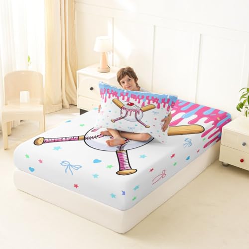 Image of Castle Fairy Baseball Cream Bed Sheets Twin Size,Ball Gaming Sweet Bowknot Easy Wash Bedding Set,Cute Sport Style Kids Room Decor,Pink Bule White Sheet(Fitted+Flat+1 Pillowcase)