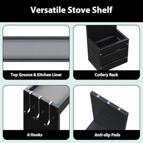 Over The Stove Shelf, Bamboo Stove Top Spice Rack Organizer 31 in Countertop Storage with Utensil Holder, 6 Hooks, Fit Stove, Kitchen Counter, Stove Top Shelf for Spice, Jar, Cooking Tool Black — view 3