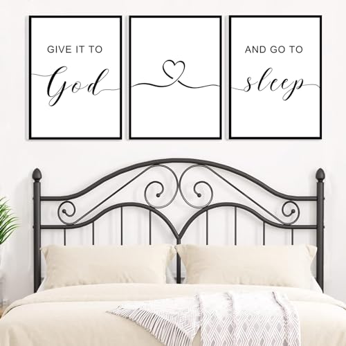 Framed Give it to God and Go to Sleep Signs 36x16 Above Bed Wall Decors Black And White Bedroom Decor (12x16 inches Set of 3 Framed Black)