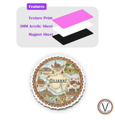 Image of Gujarat Textured Finish Acrylic Fridge Magnet - UV Texture Printed, Stylish Multicolor Magnet for Fridge, Wardrobe & Metal Surfaces, Pack of 1 (Gujarat 2)