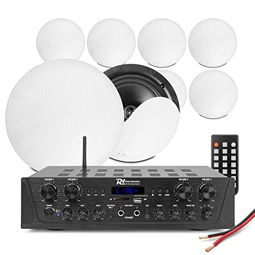 Power Dynamics 4-Zone Multi Room Ceiling Speaker System with Bluetooth Amplifier, 8x NCSS6 6.5-Inch Flush Mount Speakers, Wireless Audio Streaming, FM Radio & EQ – Complete Home Audio Kit