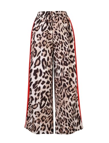 Women's Casual Pants Drawstring Leopard Print Color Block Side Striped Straight Leg Wide Leg Loose Pants4
